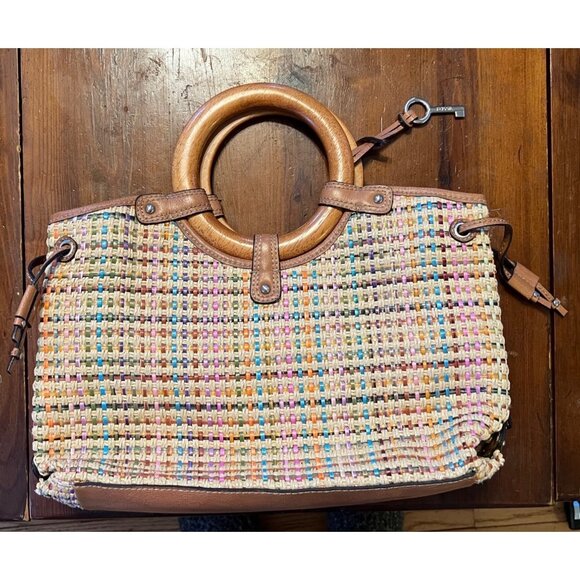 Fossil women's woven fabric handbag with circular handles, medium size, leather - Picture 2 of 11